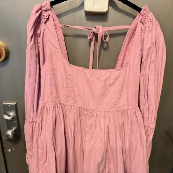 Pilcro Square-Neck Bubble Gum Pink Corduroy Babydoll Mini Dress - Picture 11 of 16